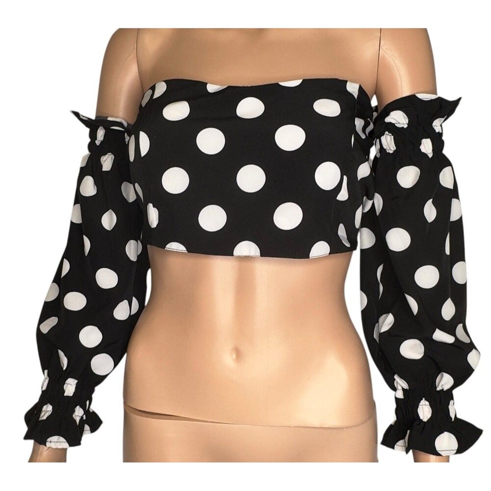 CBR Black White Polka Dot Off Shoulder Bardot Crop Top Long Sleeve Ruffle Size M
